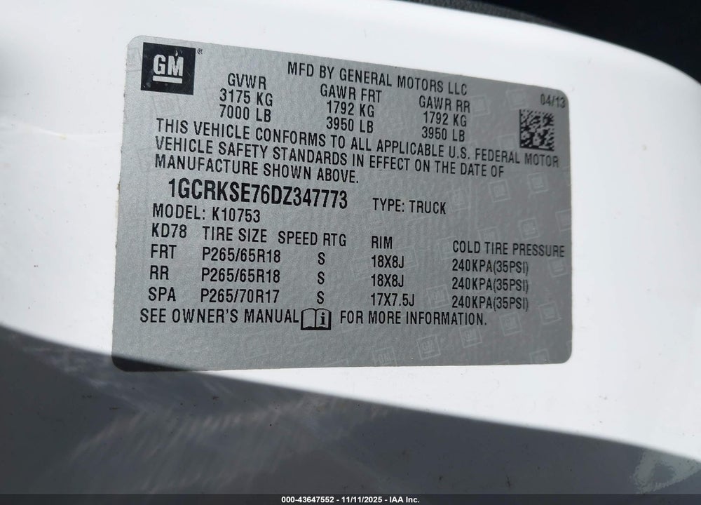2013 CHEVROLET SILVERADO 1500 LT VIN: 1GCRKSE76DZ347773