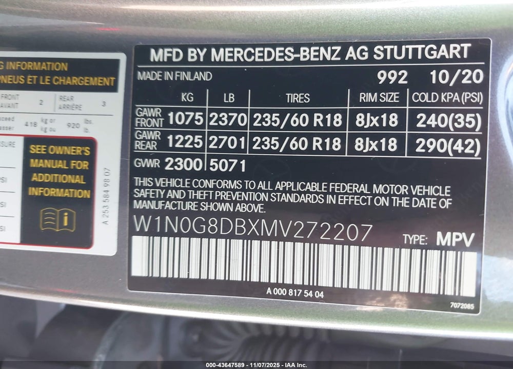 2021 MERCEDES-BENZ GLC 300 SUV VIN: W1N0G8DBXMV272207
