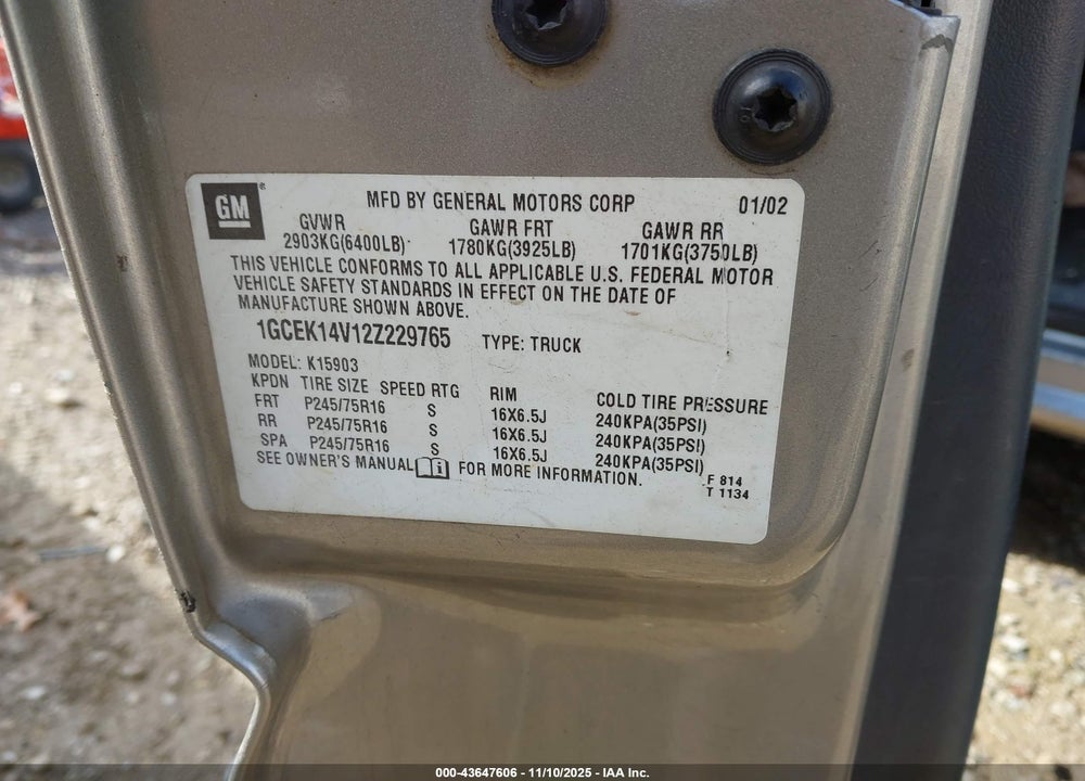 2002 CHEVROLET SILVERADO 1500 VIN: 1GCEK14V12Z229765