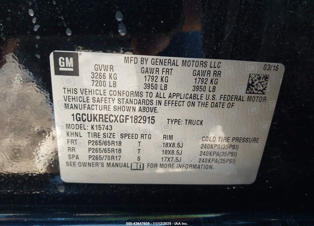 2016 CHEVROLET SILVERADO 1500 VIN: 1GCUKRECXGF182915