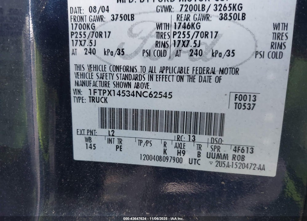 2004 FORD F-150 FX4/LARIAT/XL/XLT VIN: 1FTPX14534NC62545