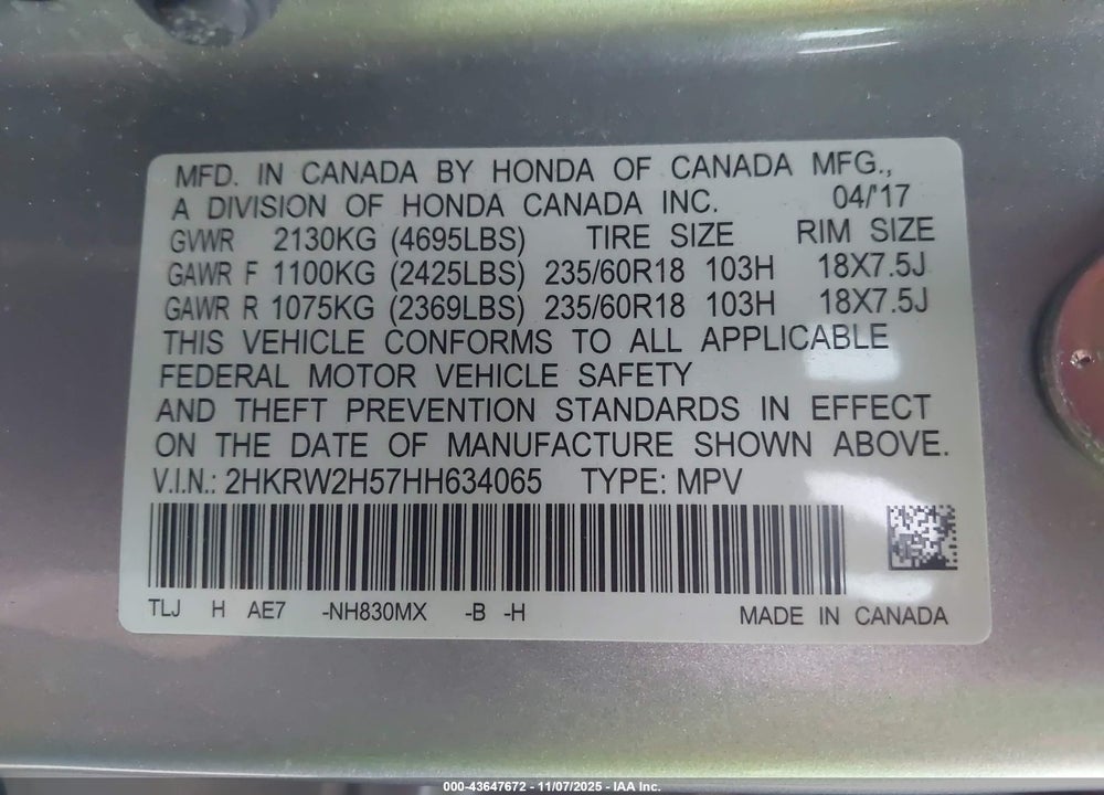 2017 HONDA CR-V EX VIN: 2HKRW2H57HH634065