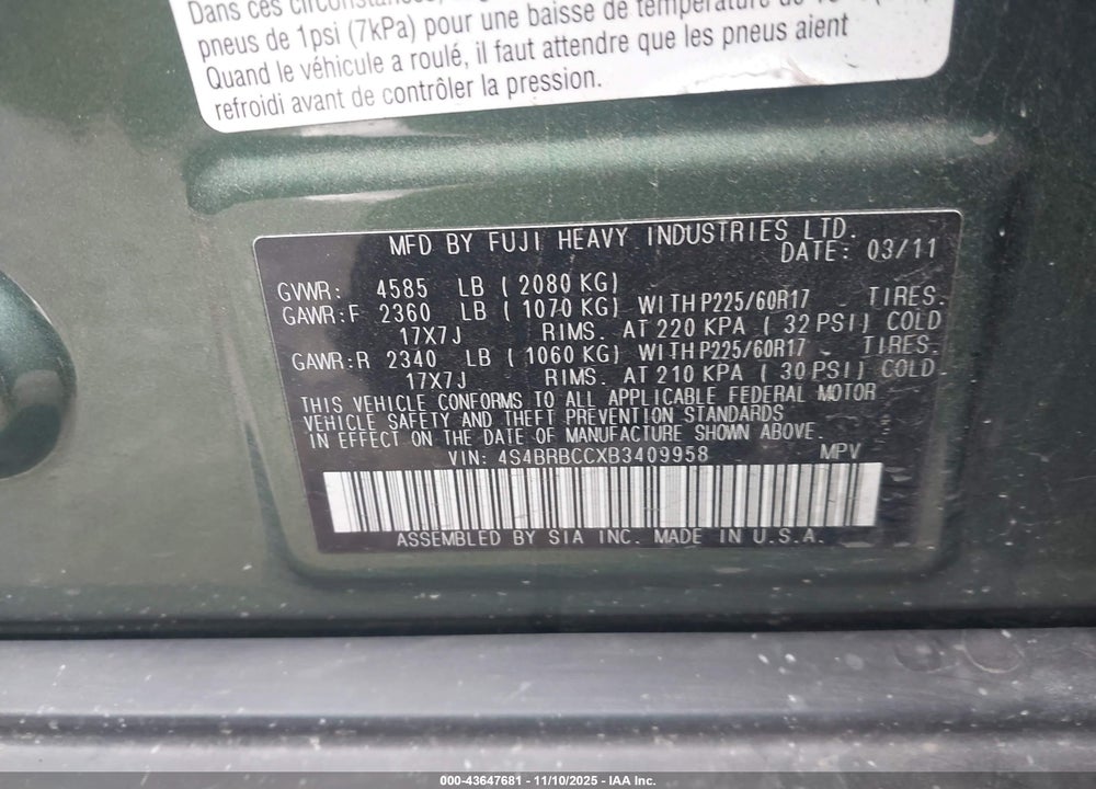 2011 SUBARU OUTBACK VIN: 4S4BRBCCXB3409958