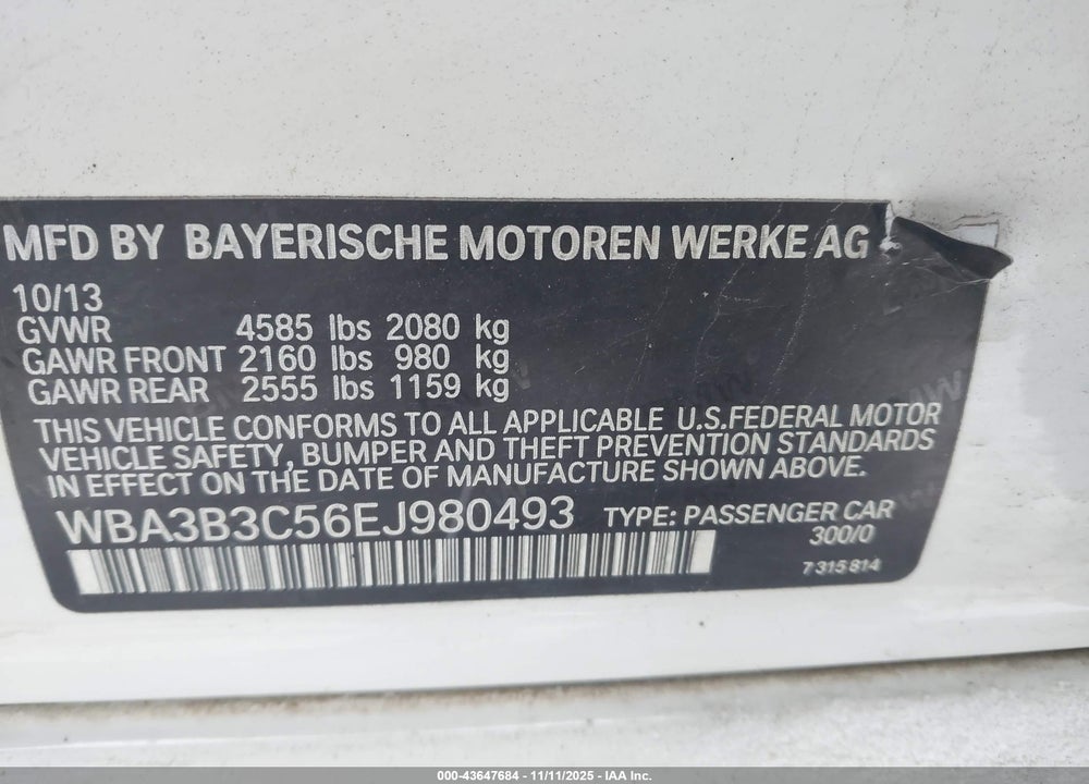 2014 BMW 328I XDRIVE VIN: WBA3B3C56EJ980493