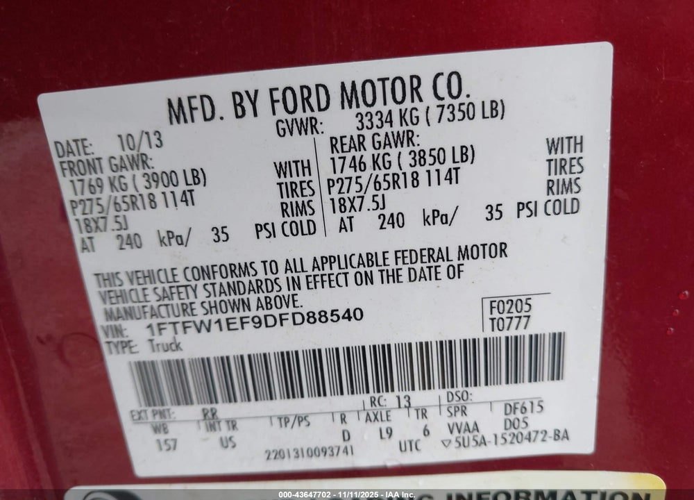 2013 FORD F-150 XLT VIN: 1FTFW1EF9DFD88540