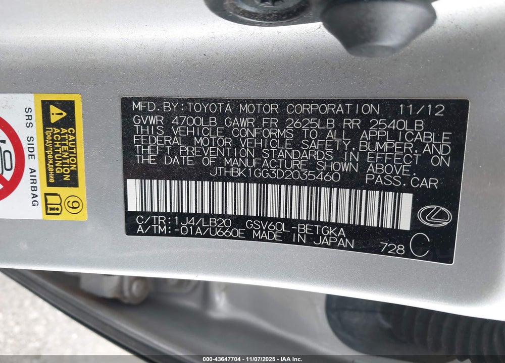 2013 LEXUS ES 350 VIN: JTHBK1GG3D2035460