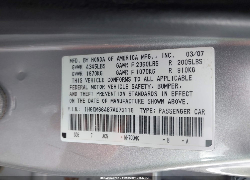 2007 HONDA ACCORD VIN: 1HGCM66487A072116