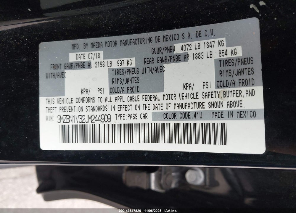 2018 MAZDA 3 VIN: 3MZBN1V32JM244909