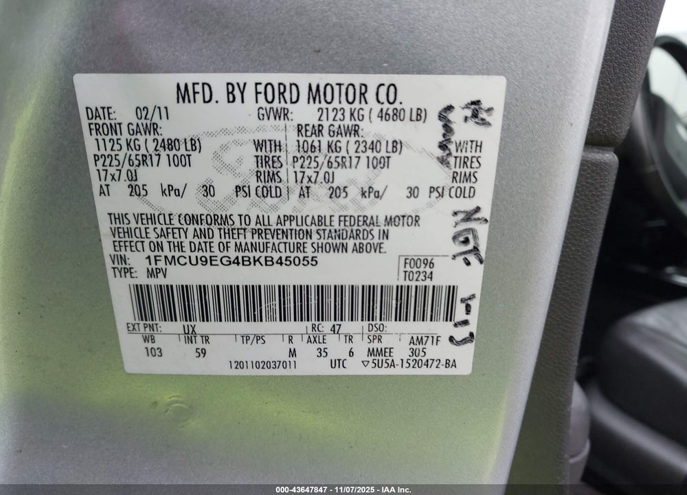 2011 FORD ESCAPE LIMITED VIN: 1FMCU9EG4BKB45055