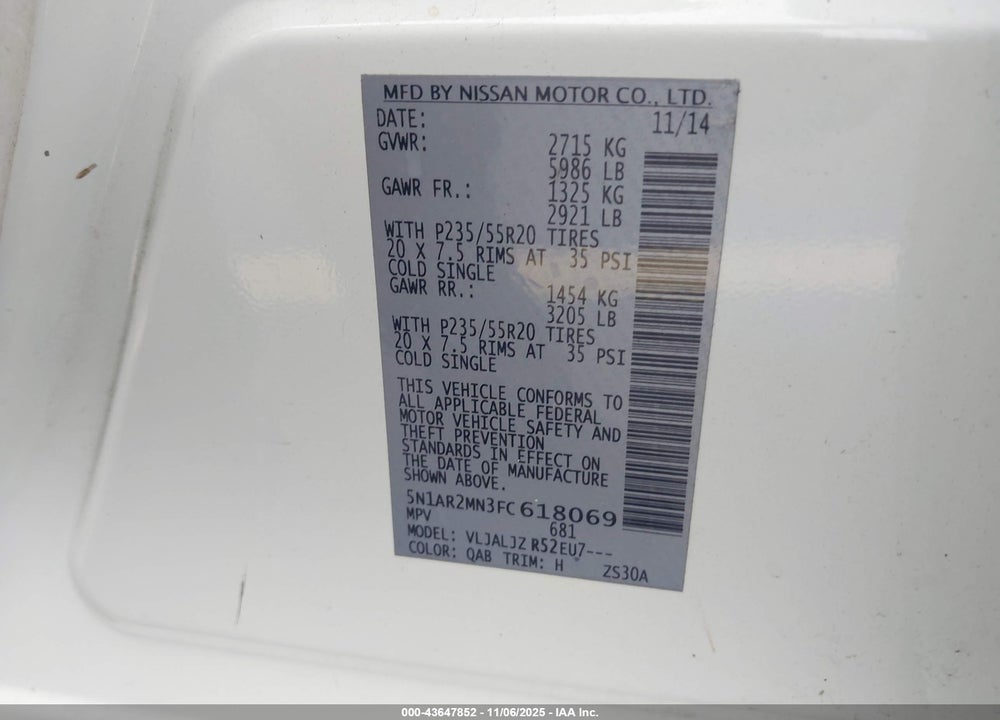 2015 NISSAN PATHFINDER PLATINUM VIN: 5N1AR2MN3FC618069