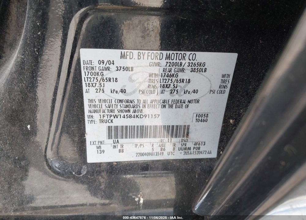 2004 FORD F-150 FX4/LARIAT/XLT VIN: 1FTPW14584KD91157