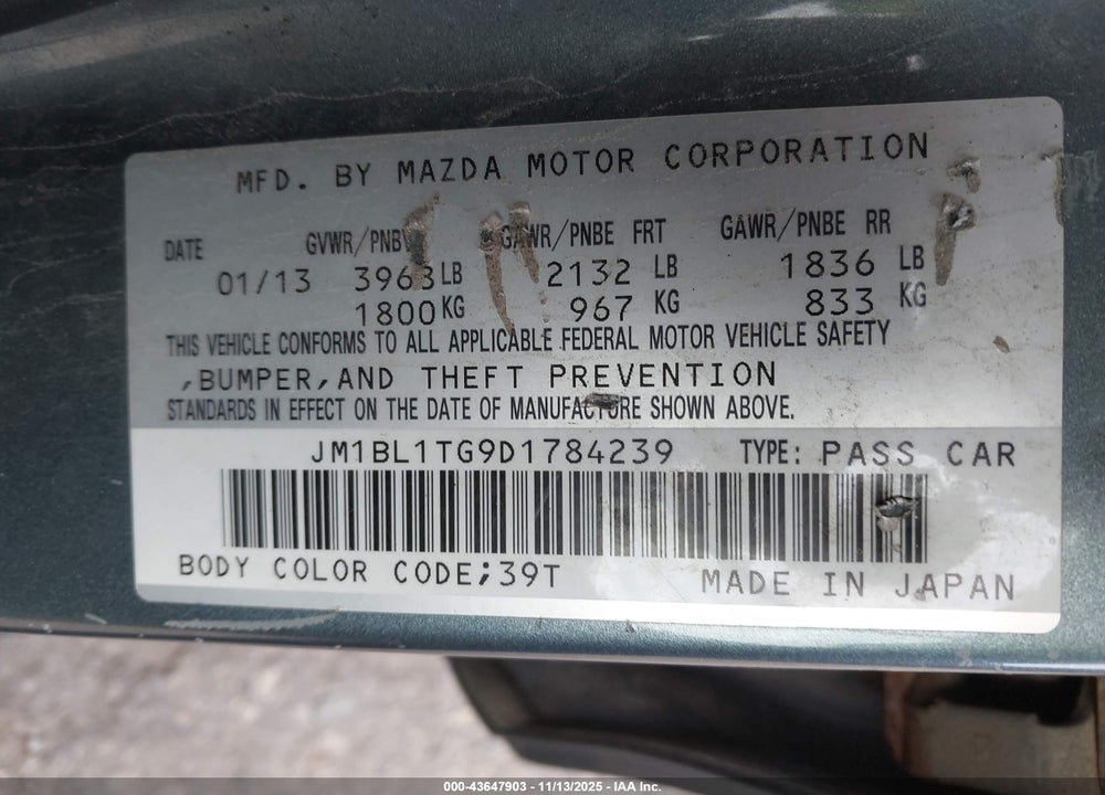 2013 MAZDA 3 I SV VIN: JM1BL1TG9D1784239