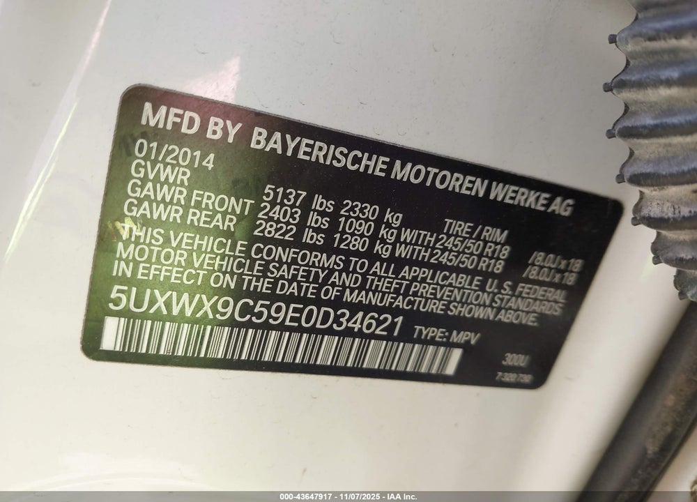2014 BMW X3 VIN: 5UXWX9C59E0D34621