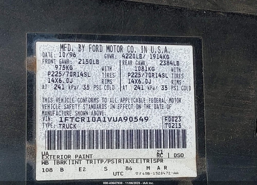1997 FORD RANGER SPLASH/XL/XLT VIN: 1FTCR10A1VUA90549