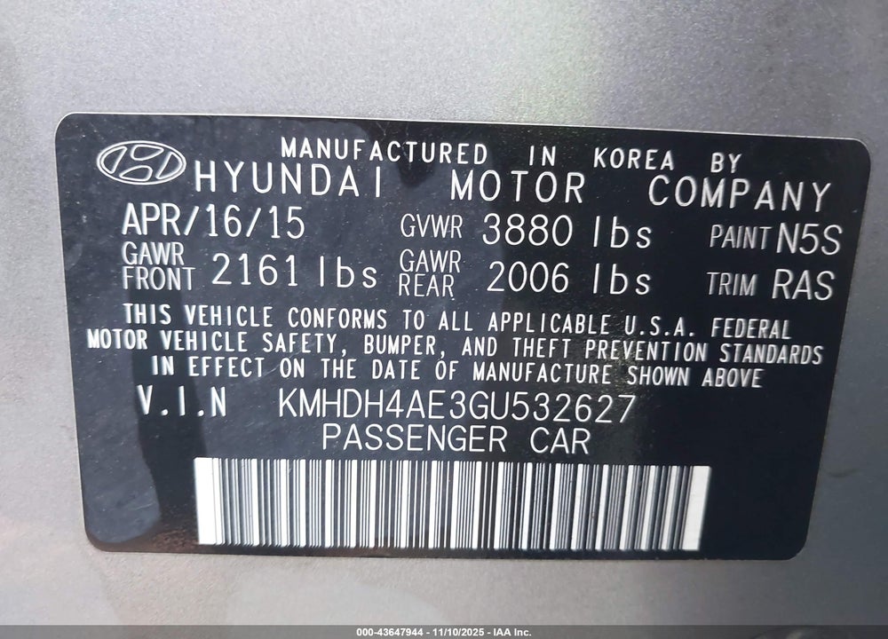 2016 HYUNDAI ELANTRA SE VIN: KMHDH4AE3GU532627
