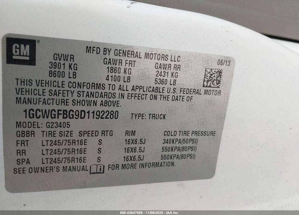 2013 CHEVROLET EXPRESS 2500 WORK VAN VIN: 1GCWGFBG9D1192280
