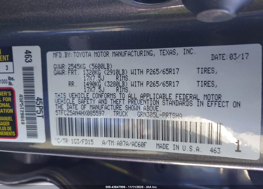 2017 TOYOTA TACOMA TRD SPORT VIN: 5TFCZ5AN4HX085597