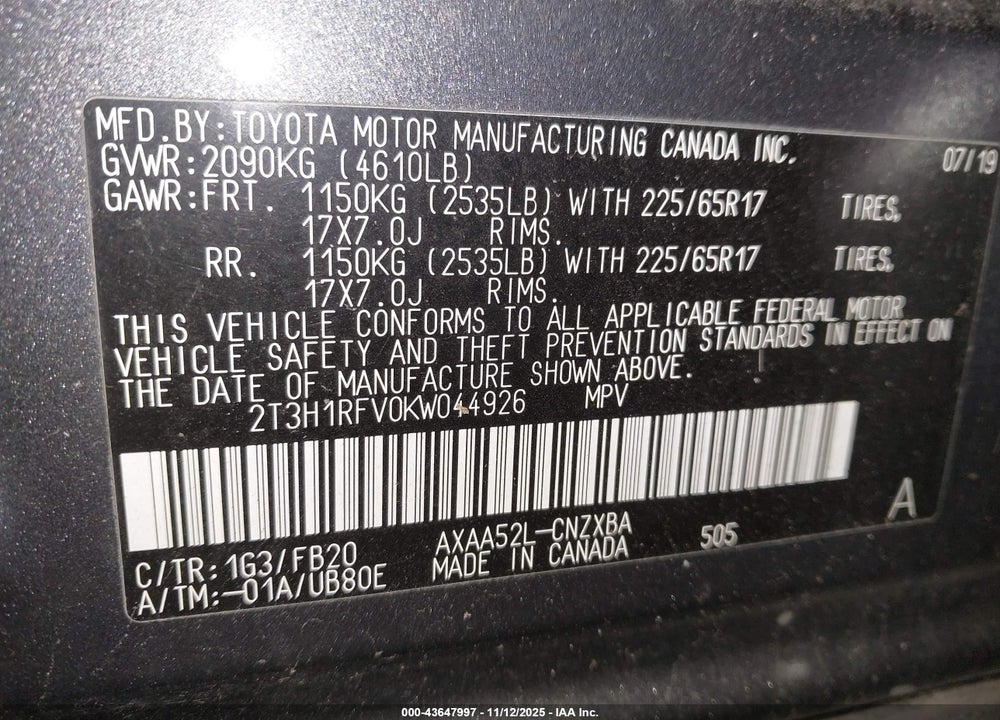 2019 TOYOTA RAV4 VIN: 2T3H1RFV0KW044926