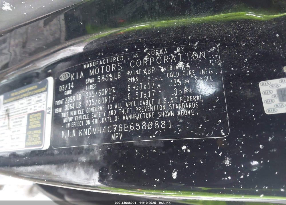 2014 KIA SEDONA EX VIN: KNDMH4C76E6586881