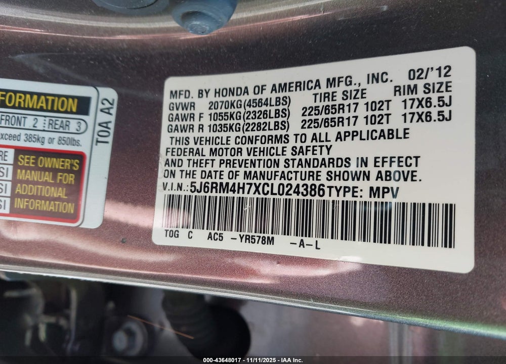 2012 HONDA CR-V EX-L VIN: 5J6RM4H7XCL024386
