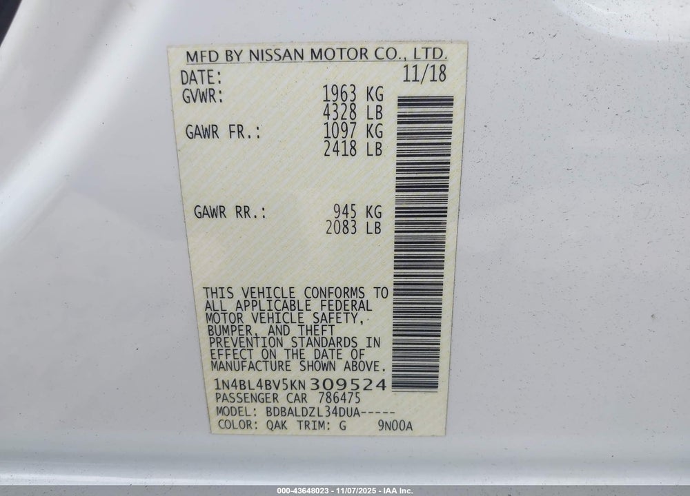 2019 NISSAN ALTIMA 2.5 S VIN: 1N4BL4BV5KN309524