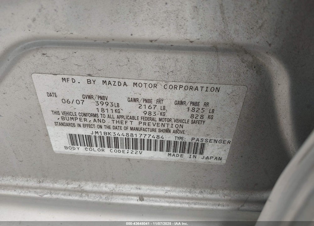 2008 MAZDA 3 VIN: JM1BK344881777484
