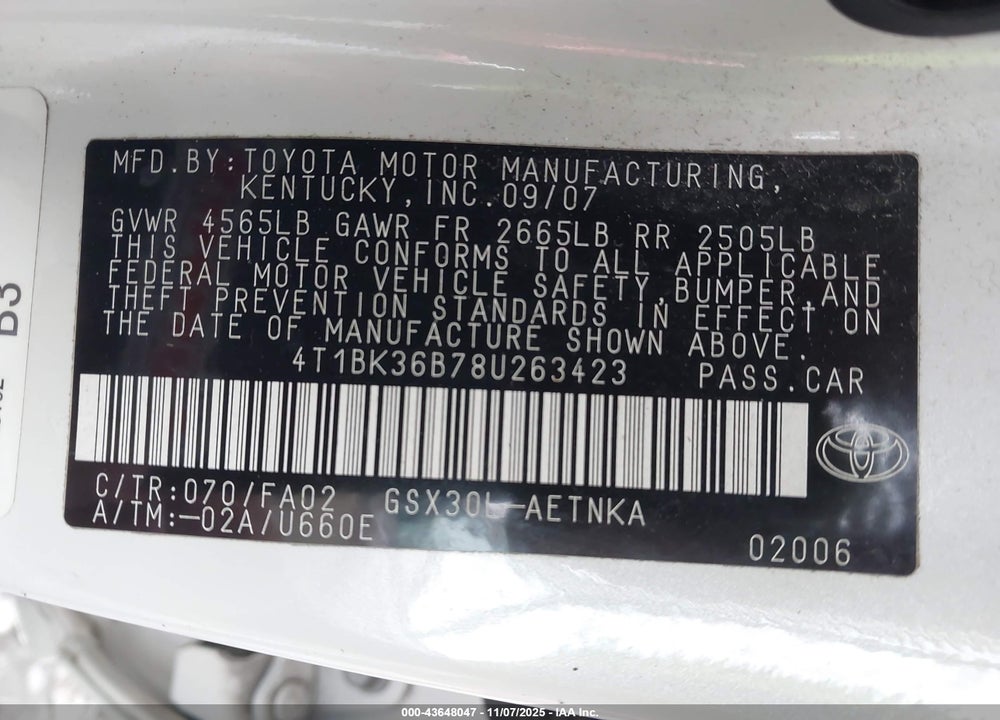 2008 TOYOTA AVALON XL VIN: 4T1BK36B78U263423