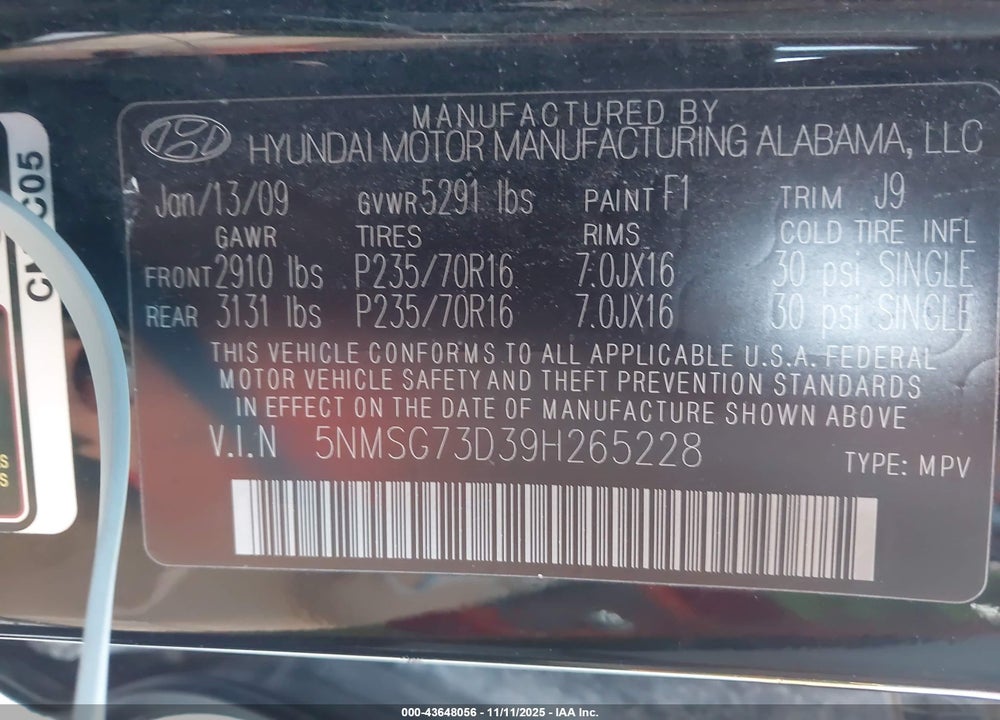 2009 HYUNDAI SANTA FE GLS VIN: 5NMSG73D39H265228
