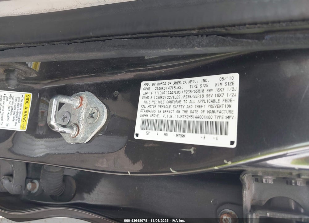 2010 ACURA RDX VIN: 5J8TB2H51AA004400
