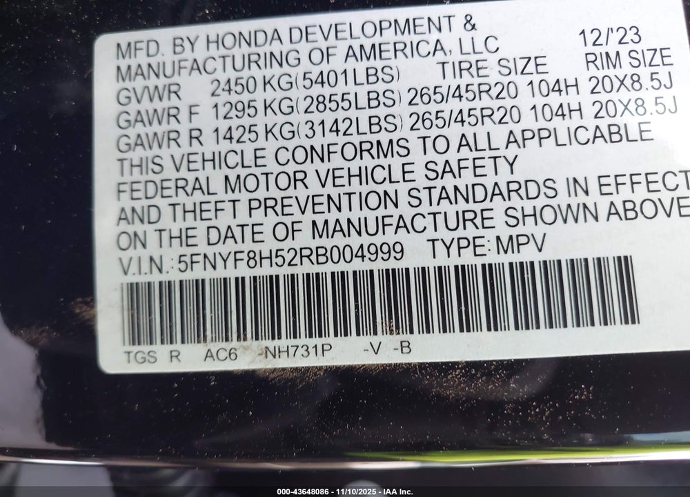 2024 HONDA PASSPORT AWD EX-L VIN: 5FNYF8H52RB004999