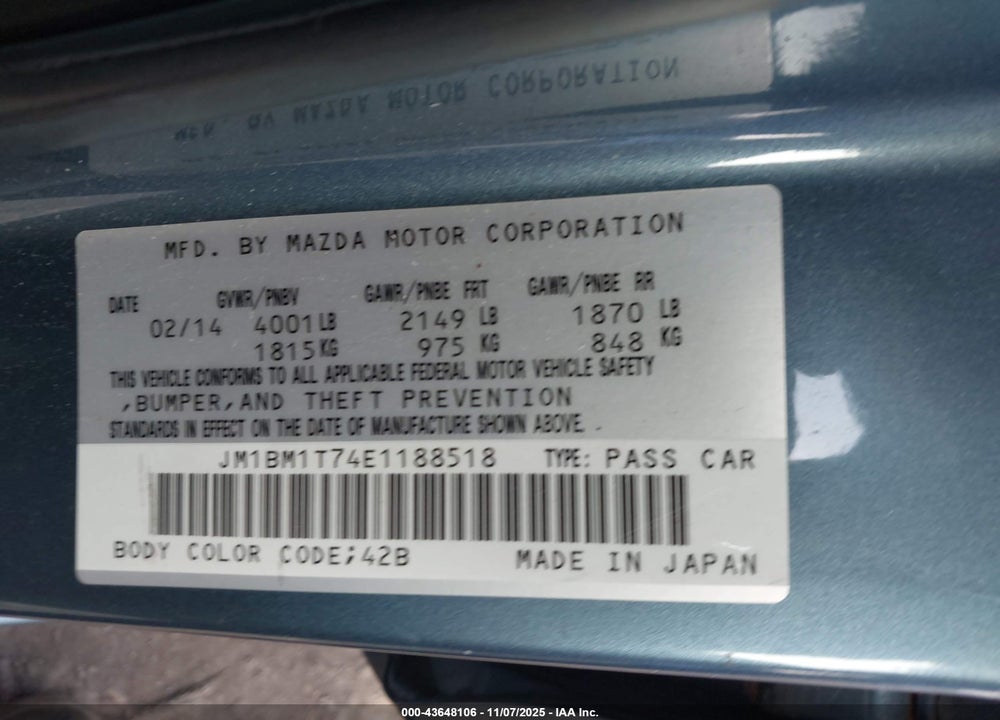 2014 MAZDA 3 I SV VIN: JM1BM1T74E1188518