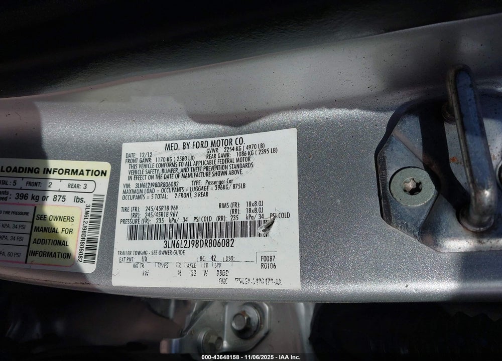 2013 LINCOLN MKZ VIN: 3LN6L2J98DR806082