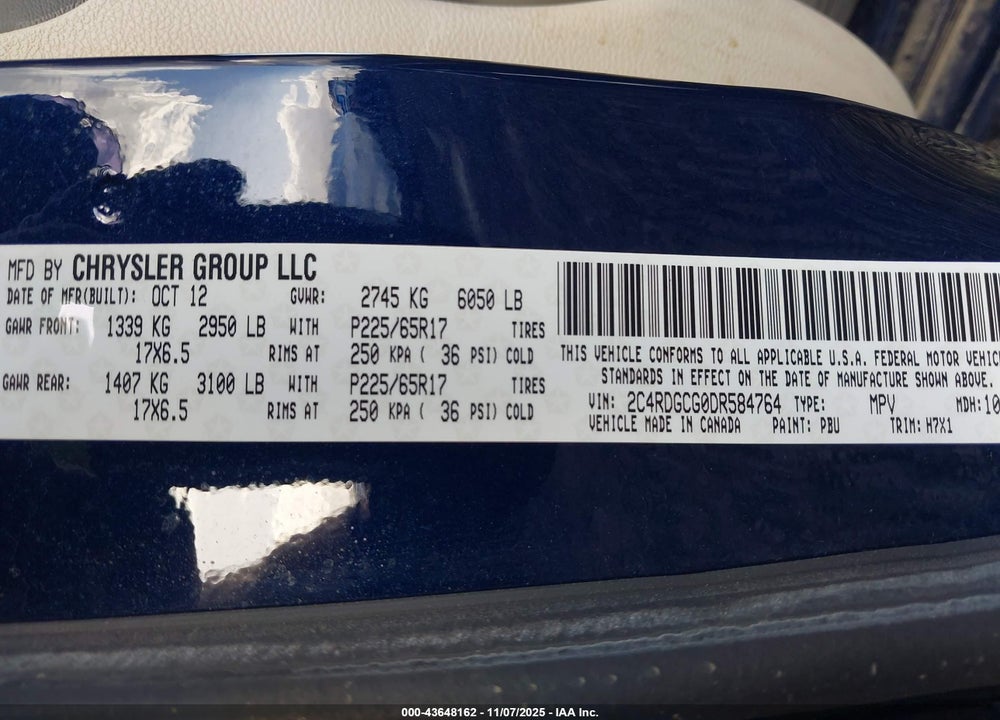 2013 DODGE GRAND CARAVAN SXT VIN: 2C4RDGCG0DR584764