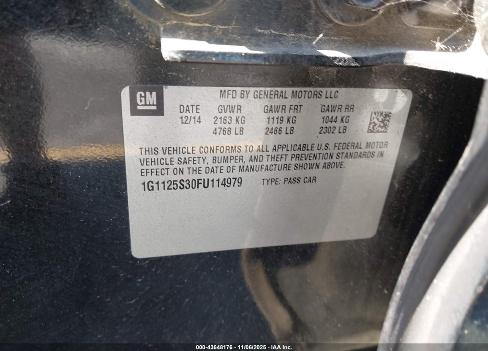 2015 CHEVROLET IMPALA 2LT VIN: 1G1125S30FU114979