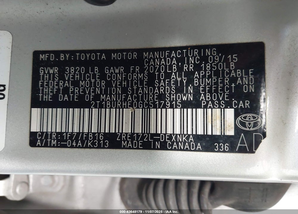 2016 TOYOTA COROLLA LE VIN: 2T1BURHE0GC517915