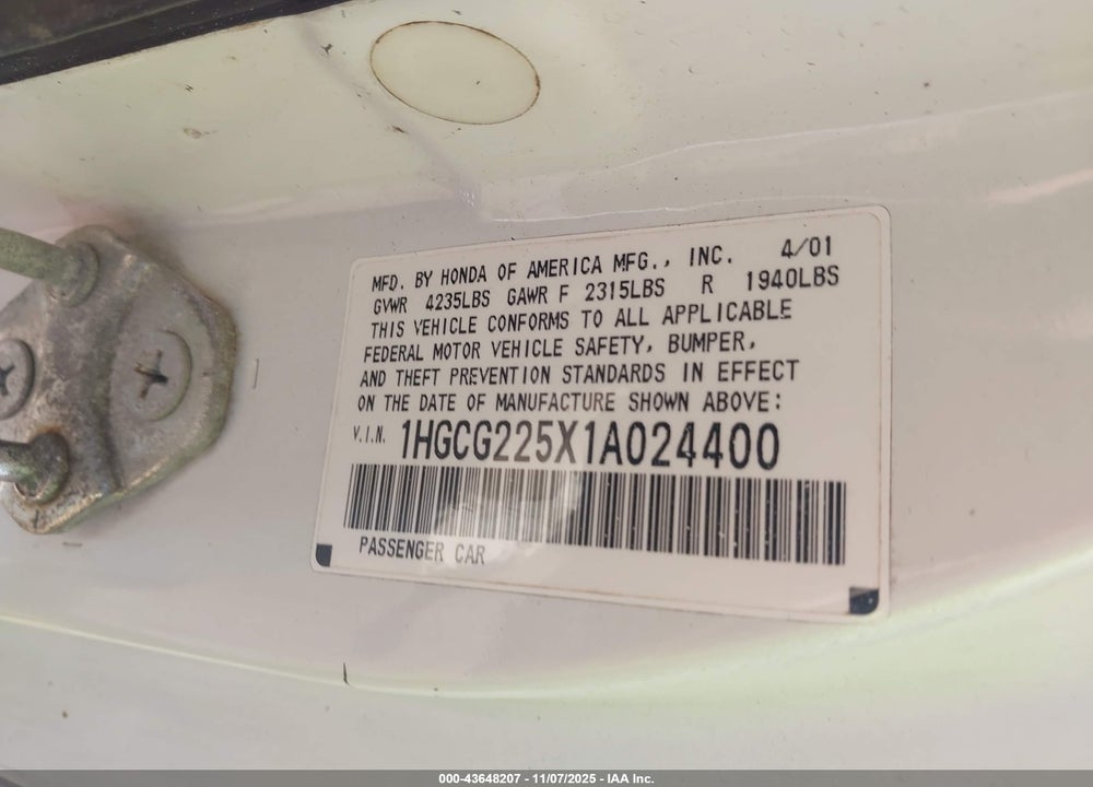 2001 HONDA ACCORD 3.0 EX VIN: 1HGCG225X1A024400