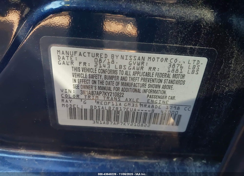 2019 NISSAN SENTRA S VIN: 3N1AB7AP7KY210822