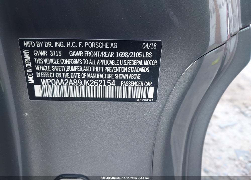 2018 PORSCHE 718 CAYMAN VIN: WP0AA2A89JK262154