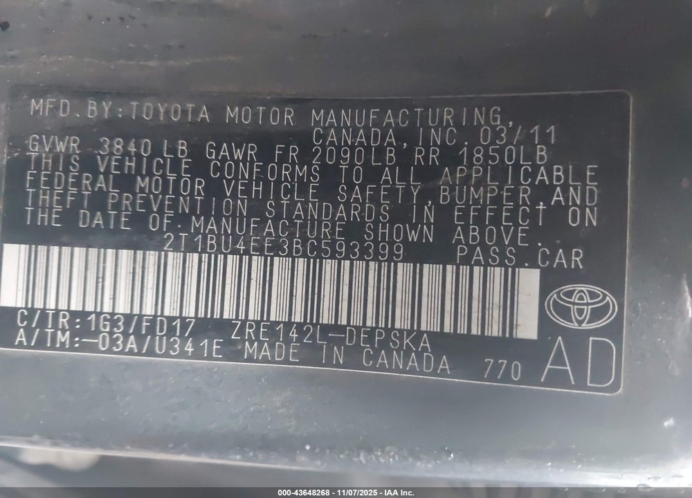 2011 TOYOTA COROLLA S VIN: 2T1BU4EE3BC593399