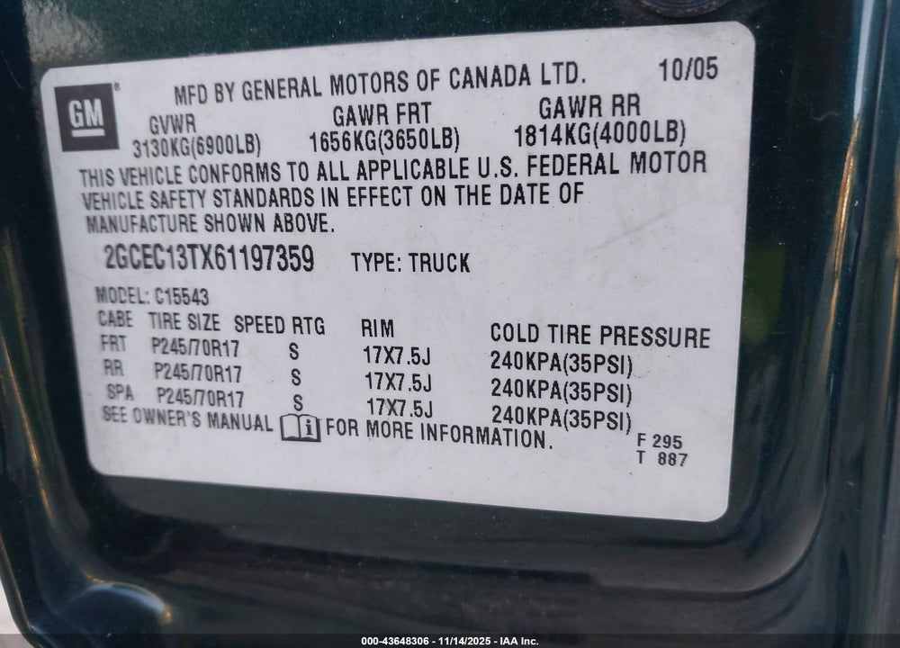 2006 CHEVROLET SILVERADO 1500 LT1 VIN: 2GCEC13TX61197359