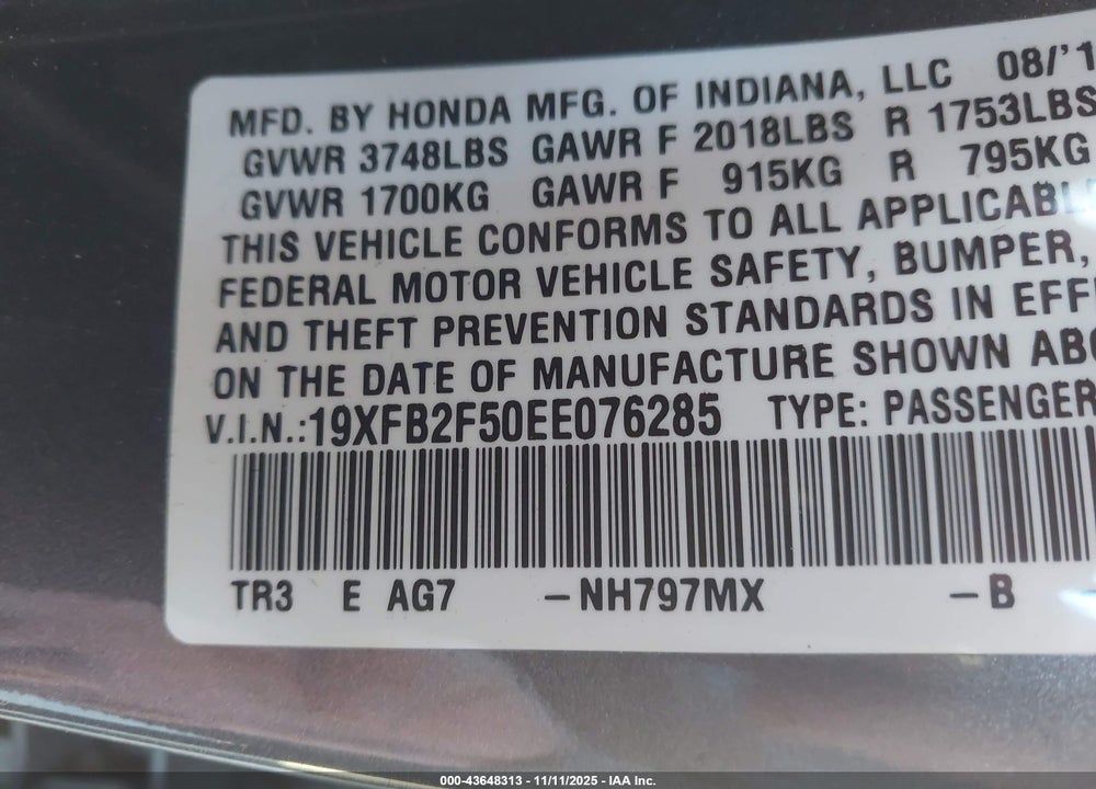 2014 HONDA CIVIC VIN: 19XFB2F50EE076285