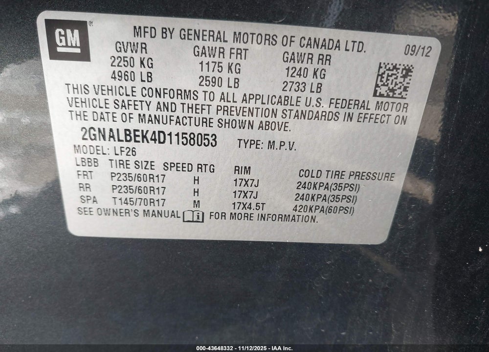 2013 CHEVROLET EQUINOX LS VIN: 2GNALBEK4D1158053