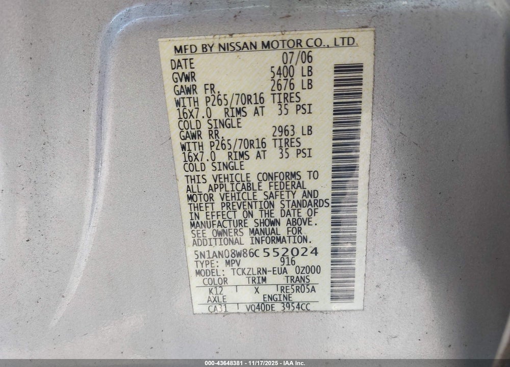 2006 NISSAN XTERRA VIN: 5N1AN08W86C552024