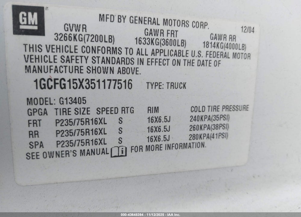 2005 CHEVROLET EXPRESS VIN: 1GCFG15X351177516
