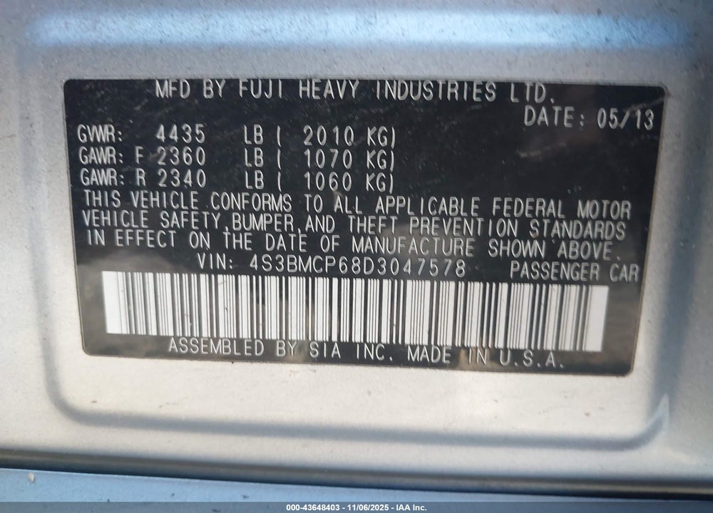 2013 SUBARU LEGACY VIN: 4S3BMCP68D3047578