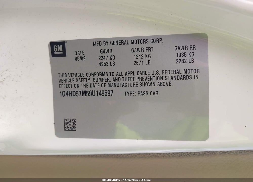 2009 BUICK LUCERNE CXL VIN: 1G4HD57M59U149597