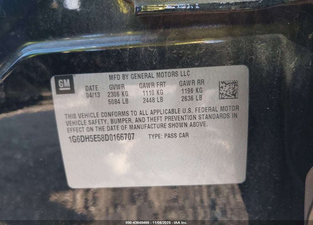 2013 CADILLAC CTS VIN: 1G6DH5E58D0166707