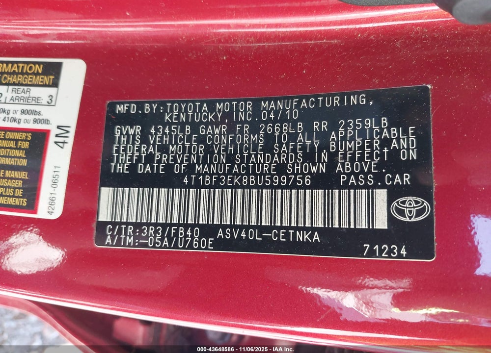 2011 TOYOTA CAMRY LE VIN: 4T1BF3EK8BU599756