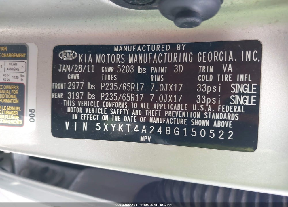 2011 KIA SORENTO VIN: 5XYKT4A24BG150522