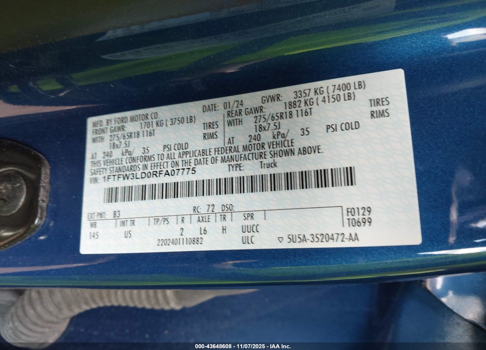 2024 FORD F-150 VIN: 1FTFW3LD0RFA07775